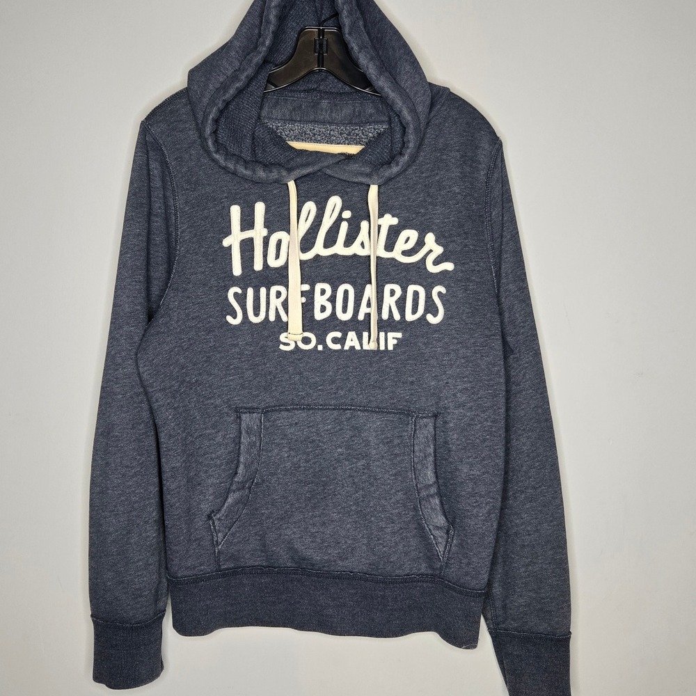 Hollister Heathered Navy Blue Fleece Hoodie Sweatshirt Medium Y2K Large Logo